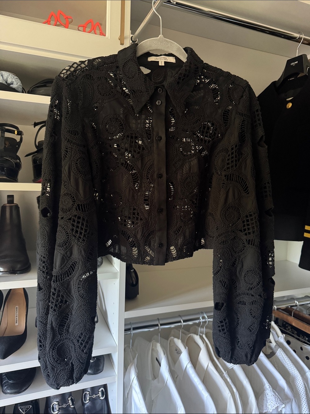Dorothee Schumacher Black Crochet Button-Front Crop Shirt